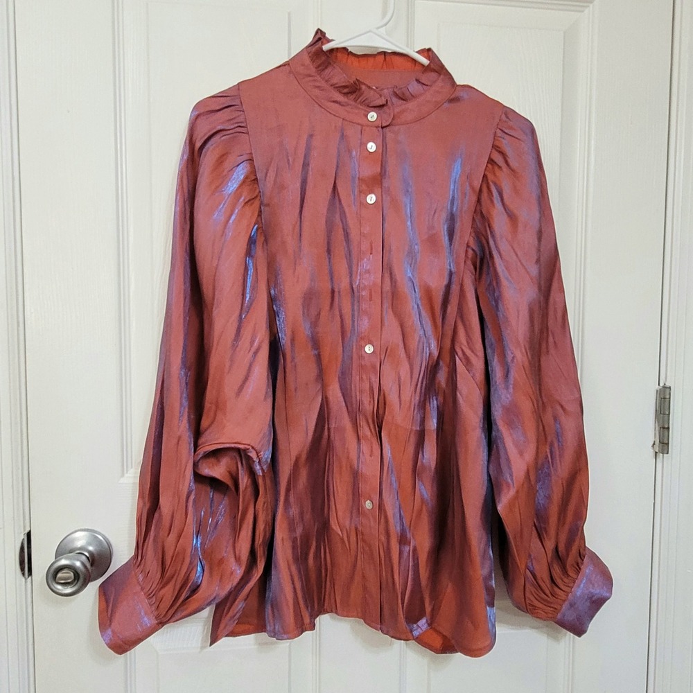 Glam Iridescent Copper Blue Balloon Sleeve Ruffle Neck Blouse Medium NWOT